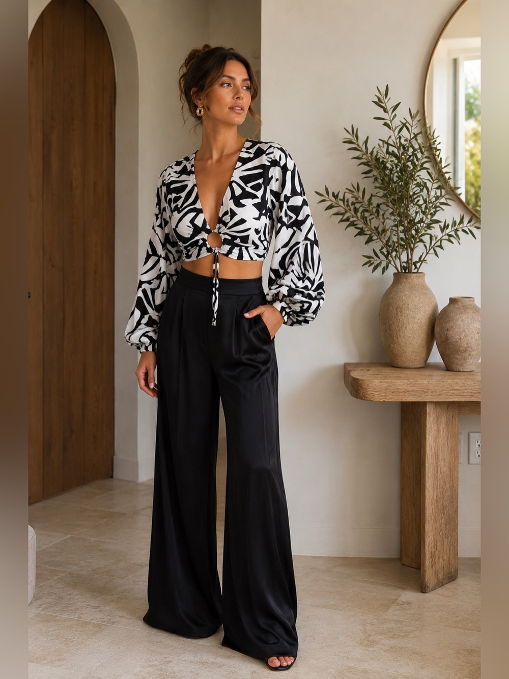 Caroline Constas Black & White Two-Piece Black Pants & Long Sleeve Top Set- NWT